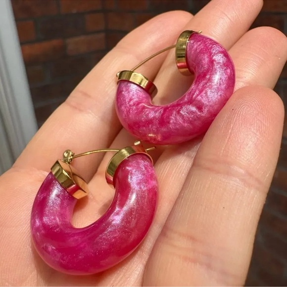 Anthropologie 18K Gold Stainless Steel Pink Hoop Earrings - Picture 6 of 9